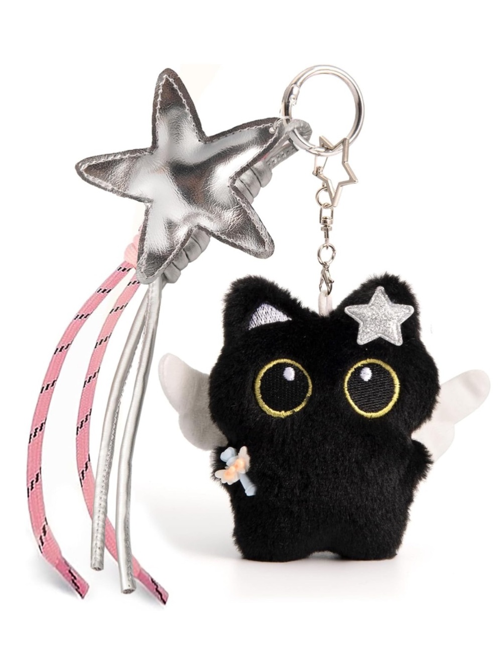 🐈⬛NEW Black Cat Bag Charm Keychain Kitty Angel Fairy Star Plush Fuzzy Kawaii